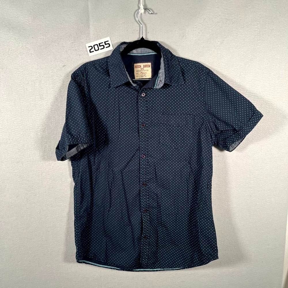 Hudson & Barrow NYC Shirt Mens Medium Navy Blue Polka Dot Short Sleeve Button Up
